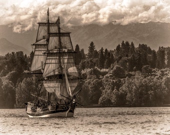 Tall Ship Photo, Lady Washington, Seascape Photography, Vintage Processing, Black and White Image