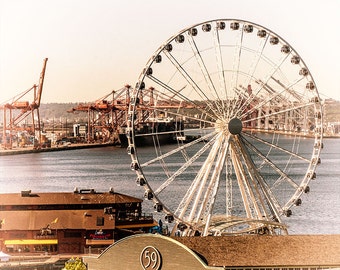 Vintage Seattle grande roue & Waterfront comme Image, numériquement peinte, dimensions 5 x 7 à 13 x 19,