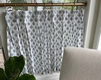 Pleated block print Cafe Curtain , Tier Curtains, Kitchen Curtains, Bathroom Curtains , Window Treatments, Farmhouse