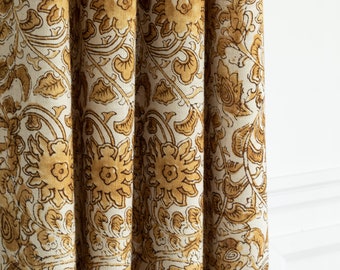 CUSTOM ORDER pleated curtains of beautiful Inez This golden block print style pattern centers on an earthy motif