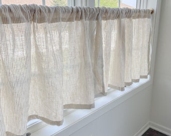 Taupe gray brown warm cream ivory ticking stripe ,  linen cafe curtains , kitchen curtain, bathroom decor