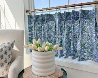 Pleated kelly green blue Aztec block print Cafe Curtain , Tier Curtains, Kitchen Curtains, Bathroom Curtains , Window Treatments, Farmhouse