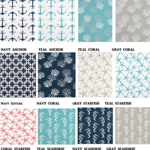May include: A collection of nautical-themed fabric swatches. Designs include navy and teal anchors, coral, starfish, seahorses, and geometric patterns. Each swatch is labeled with its design name, such as "Navy Anchor" and "Teal Seahorse."
