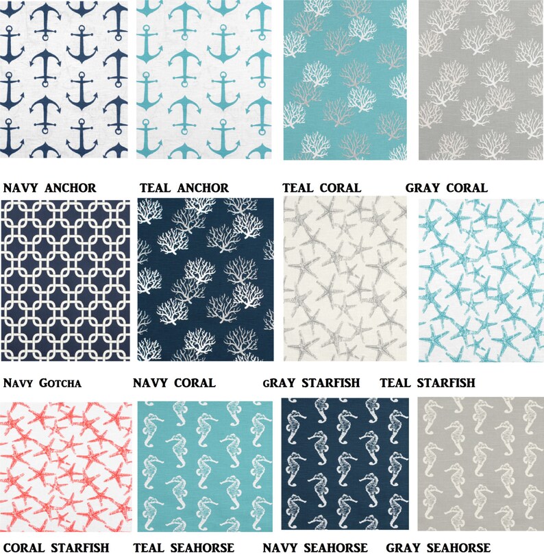May include: A collection of nautical-themed fabric swatches. Designs include navy and teal anchors, coral, starfish, seahorses, and geometric patterns. Each swatch is labeled with its design name, such as "Navy Anchor" and "Teal Seahorse."