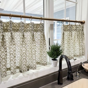 This pleated cafe curtain has a fresh Vintage block print with earthy tones, kitchen curtains, bathroom curtain