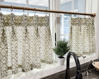 This pleated cafe curtain has a fresh Vintage block print with earthy tones, kitchen curtains, bathroom curtain