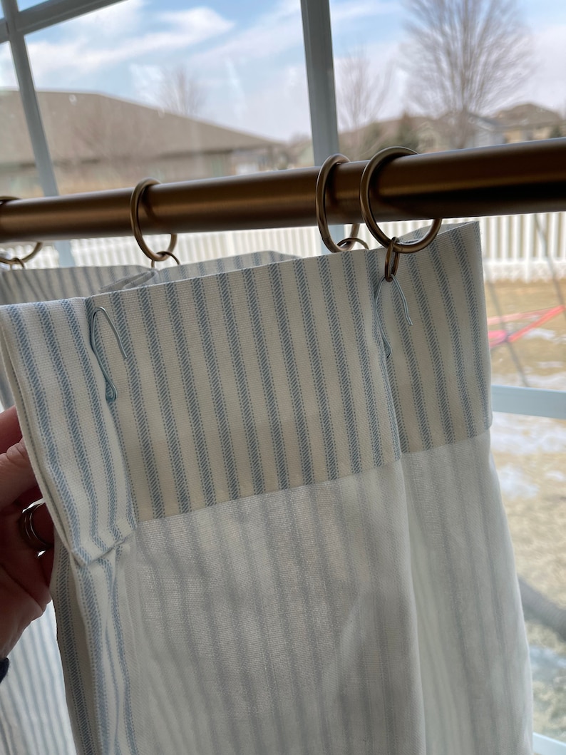 Blue Pleated Ticking Striped Cafe Curtain With Pom Trimming - Etsy