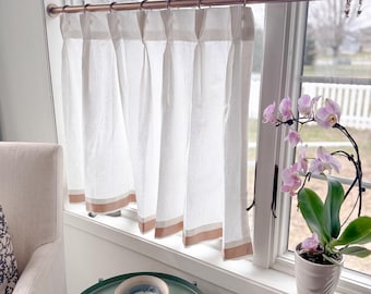 White cotton linen blend  Cafe Curtain with scalloped trim ribbon  , Tier Curtains, Kitchen Curtains, Bathroom Curtains , Window Treatments,