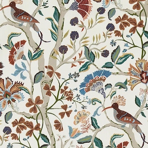 May include: A white background with a repeating pattern of stylized birds, flowers, and leaves in shades of brown, blue, and green.