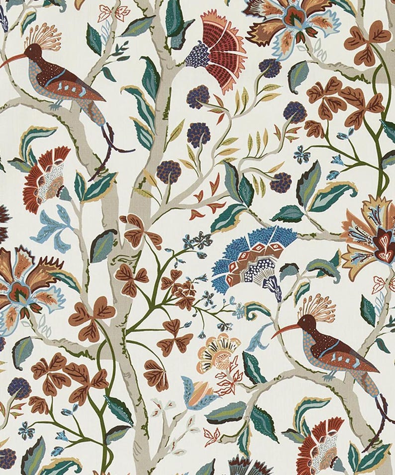 May include: A white background with a repeating pattern of stylized birds, flowers, and leaves in shades of brown, blue, and green.