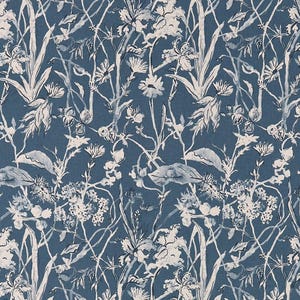 May include: A blue fabric with a white floral pattern. The design features various flowers, leaves, and stems in a watercolor style. The overall aesthetic is reminiscent of a botanical illustration, suitable for home decor or apparel.