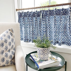 Pleated block print Cafe Curtain , Tier Curtains, Kitchen Curtains, Bathroom Curtains , Window Treatments, Farmhouse