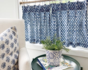 Pleated block print Cafe Curtain , Tier Curtains, Kitchen Curtains, Bathroom Curtains , Window Treatments, Farmhouse