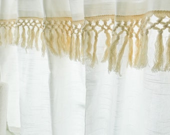 New white cafe curtain with cream boho trimming, Curtains, Tassel , Mid Century modern, Pom Pom Curtains, kitchen curtain