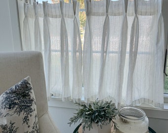 This fresh linen has a lightweight weave with an airy drape and fine slub texture. Vertical striped Pleated cafe curtain summer airy feel