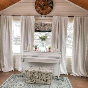 White Cotton Curtains with Cream Pom Pom Trim - Bedroom or Nursery Decor