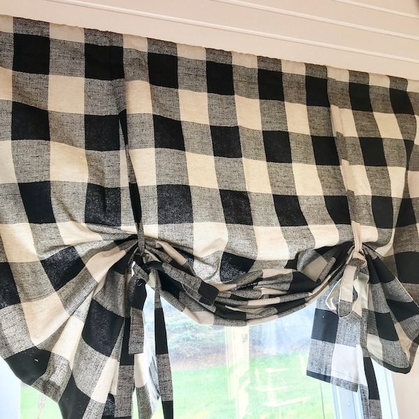 Black and Natural Buffalo Check Tie up Shade, Designer Valance , Plaid Valance, Fall Home Decor, Nursery Decor, Kitchen Curtain, Bathroom