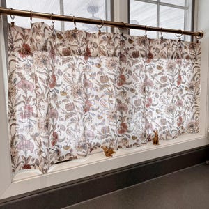 Lacefield Floral neutral vintage style Printed Drapery Fabric , Block print floral pattern cafe curtain, kitchen curtain, bathroom curtain