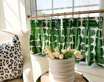 Shibori kelly green pleated  Cafe Curtain , Tier Curtain, Kitchen Curtains, Bathroom Curtains , Window Treatments, modern