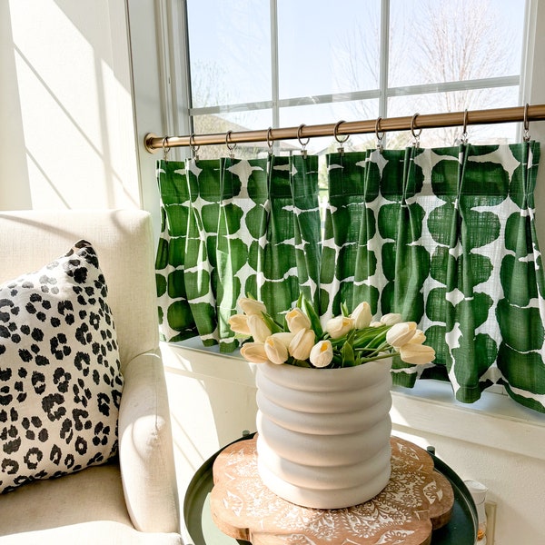 Shibori kelly green pleated  Cafe Curtain , Tier Curtain, Kitchen Curtains, Bathroom Curtains , Window Treatments, modern