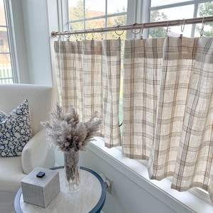 Luxury Nantucket warm cream, orange  plaid cafe curtains, tier curtain Window Treatments-Curtains , modern curtains, tonic living fabric