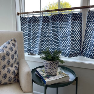 Gem Block print pattern cotton linen Texture Cafe Curtains , Tier Curtains, Kitchen Curtains, Bathroom Curtains , Window Treatments