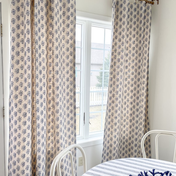 Blue block print style pattern in indigo blue drapes, curtains Window Treatments-Curtains, modern curtains, tonic living fabric
