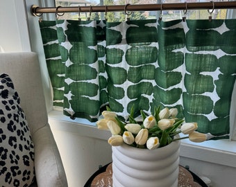 Green Shibori cotton linen Texture Cafe Curtains , Tier Curtains, Kitchen Curtains, Bathroom Curtains , Window Treatments, Farmhouse Style