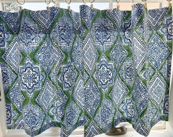 Beautiful blue and green ikat Aztec  modern Cafe Curtain perfect for your kitchen , bathroom,  farmhouse, window treatments