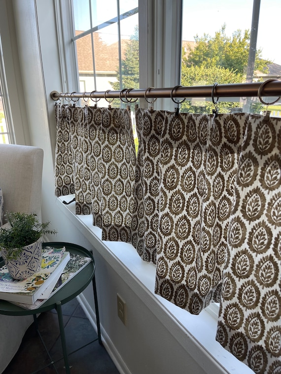 Lynn Chip Block print pattern cotton linen Texture Cafe Curtains , Tier Curtains, Kitchen Curtains, Bathroom Curtains , Window Treatments