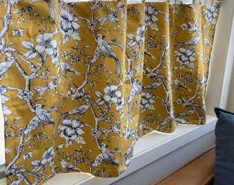 Yellow Bird Toile cotton Cafe Curtains , Tier Curtains, Kitchen Curtains, Bathroom Curtains , Window Treatments, Farmhouse Style