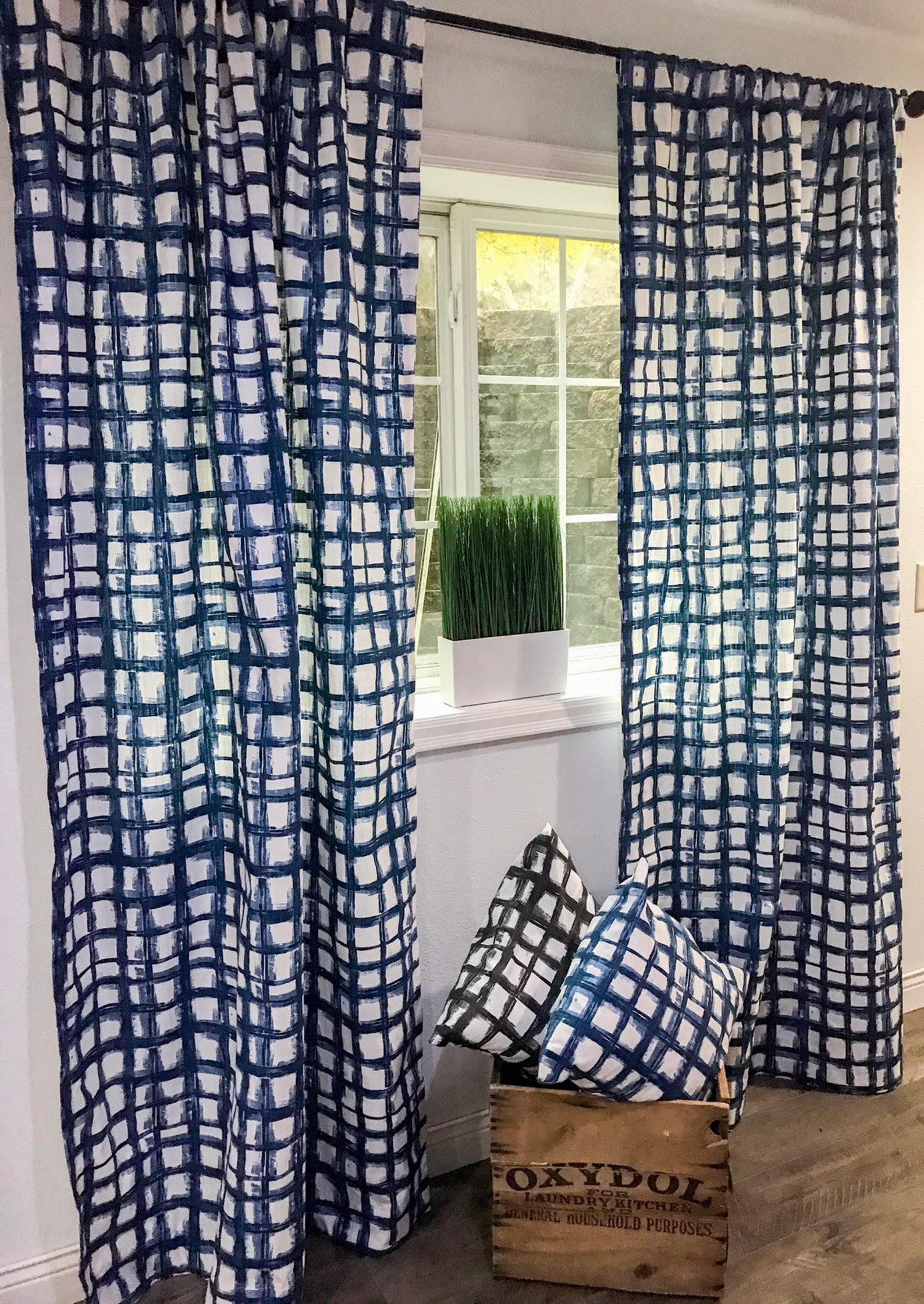 2 Panels Modern Window Pane Print Fabric Grid Pattern Modern Etsy
