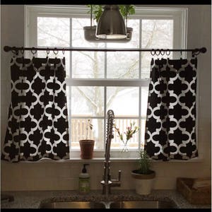 Black Designer Fabric Cafe Curtains, 36 Patterns to choose from!  Kitchens Valance, Black and white Cafe Curtain
