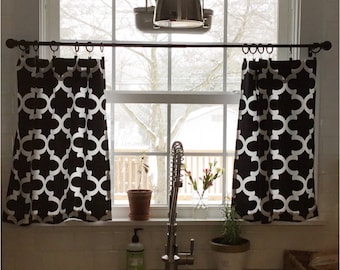 Black Designer Fabric Cafe Curtains, 36 Patterns to choose from!  Kitchens Valance, Black and white Cafe Curtain