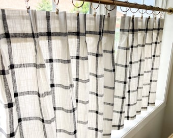 Pleated windowpane plaid Cafe Curtain , Tier Curtains, Kitchen Curtains, Bathroom Curtains , Window Treatments, Farmhouse