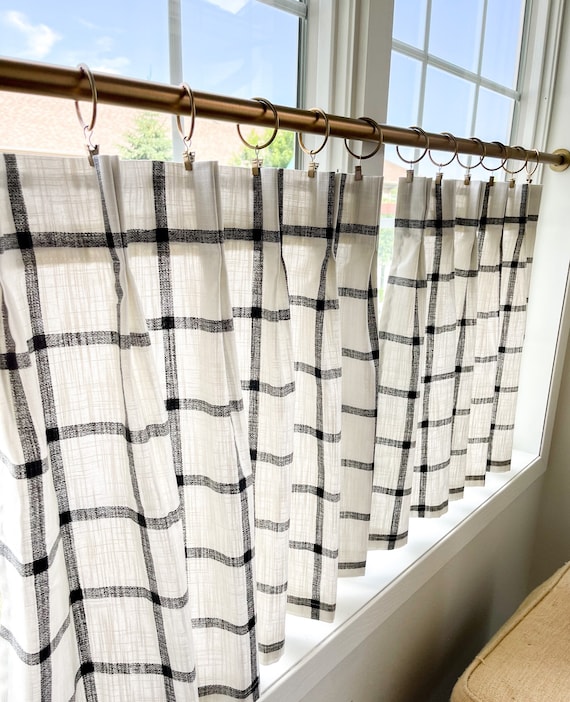 Pleated Windowpane Plaid Cafe Curtain , Tier Curtains, Kitchen Curtains,  Bathroom Curtains , Window Treatments, Farmhouse 