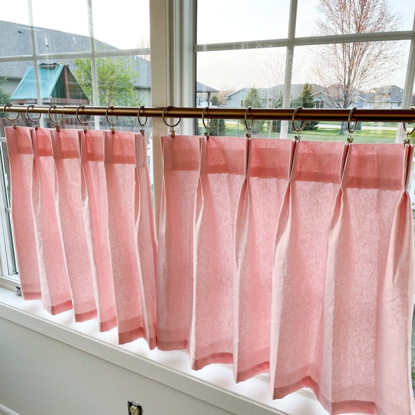 linen pleated Solid Cotton Linen Cafe Curtains , Tier Curtains, Kitchen Curtains, Bathroom Curtains , Window Treatments
