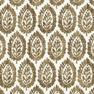 May include: A white background with a repeating pattern of brown leaf-like shapes. The shapes are stylized and resemble a traditional Indian paisley design.