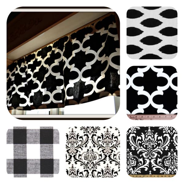 Black Designer Fabric Valance, 36 Patterns to choose from!  Kitchens Valance, Kids, and Nurseries, Black and white Curtains Caf