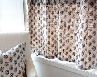 Indigo Floral Cafe Curtain: Block Print Linen Drapery