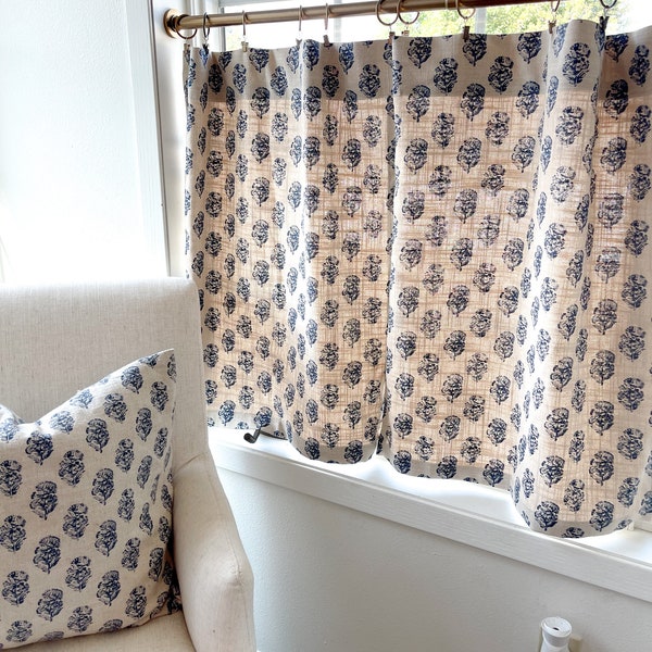 Indigo Floral Cafe Curtain: Block Print Linen Drapery