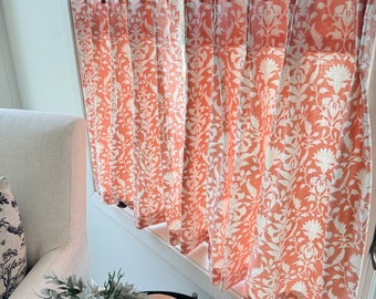 This fresh orange apricot color  block print  pleated cafe curtains beautiful block print floral cotton linen blend.