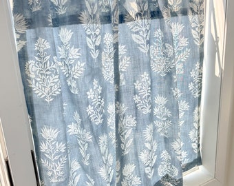 Blue vintage floral  ,  linen cafe curtains , kitchen curtains, bathroom decor,