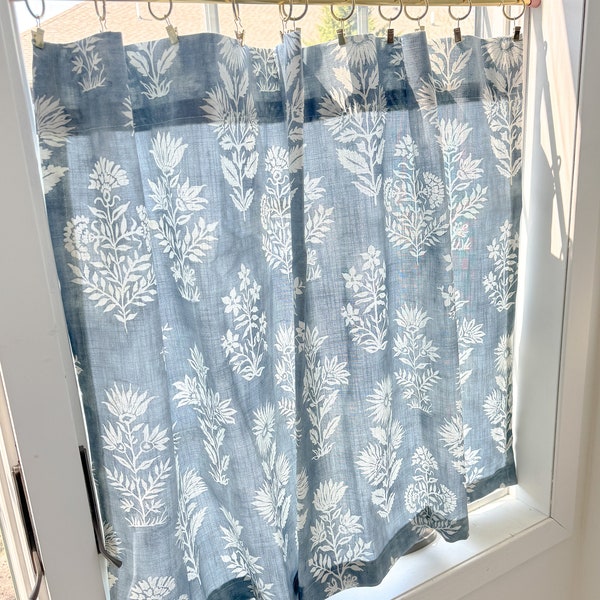 Blue vintage floral  ,  linen cafe curtains , kitchen curtains, bathroom decor,