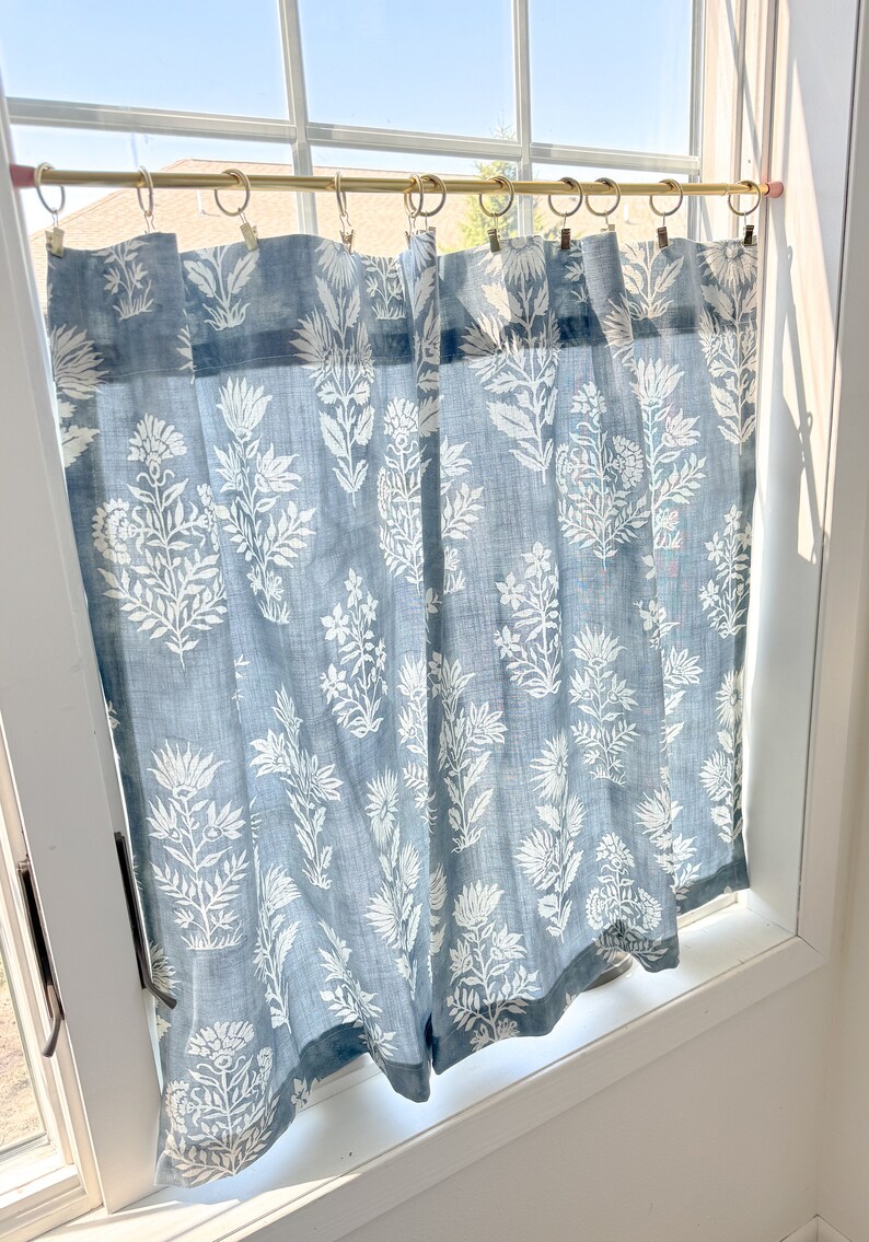Blue vintage floral , linen cafe curtains , kitchen curtains, bathroom decor, image 1