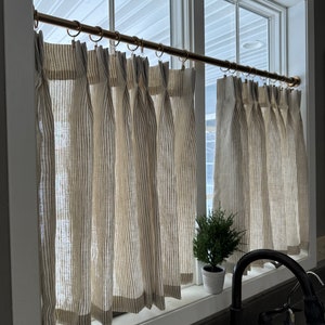 This fresh linen has a lightweight weave with an airy drape and fine slub texture. Vertical striped Pleated cafe curtain summer airy feel image 5