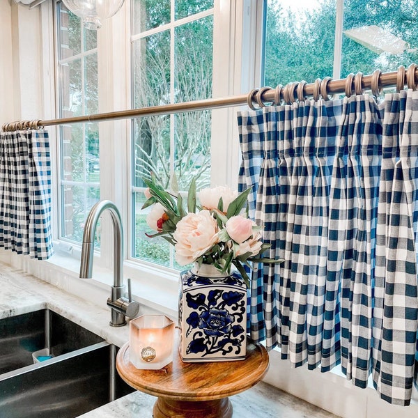 Pleated plaid striped Cafe Curtain , Tier Curtains, Kitchen Curtains, Bathroom Curtains , Window Treatments, Farmhouse