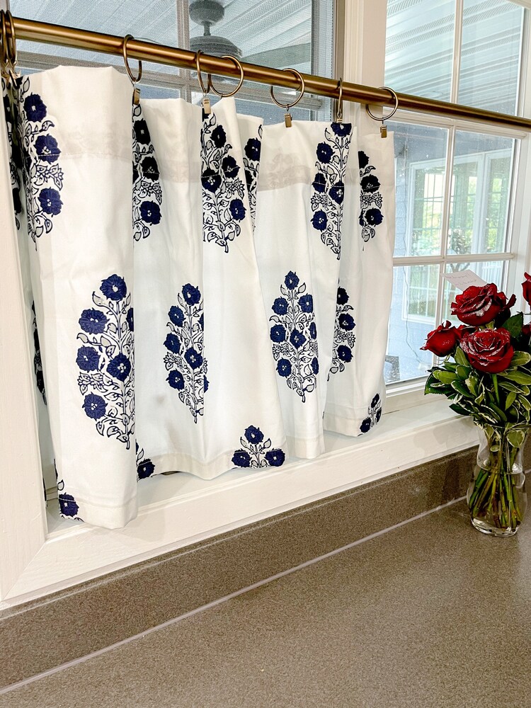  Discount Floral block print navy and gray Cafe Curtain