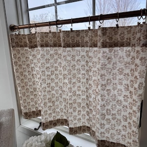 Brown on cream linen , Block print floral pattern cafe curtain, kitchen curtain bathroom curtain, neutral decor