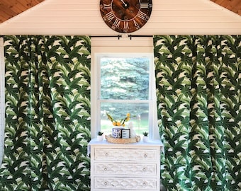 1 pair of Beautiful Green Palm Fabric Curtains  Designer, Modern Print Curtains, Leaf Curtains, Green Curtains